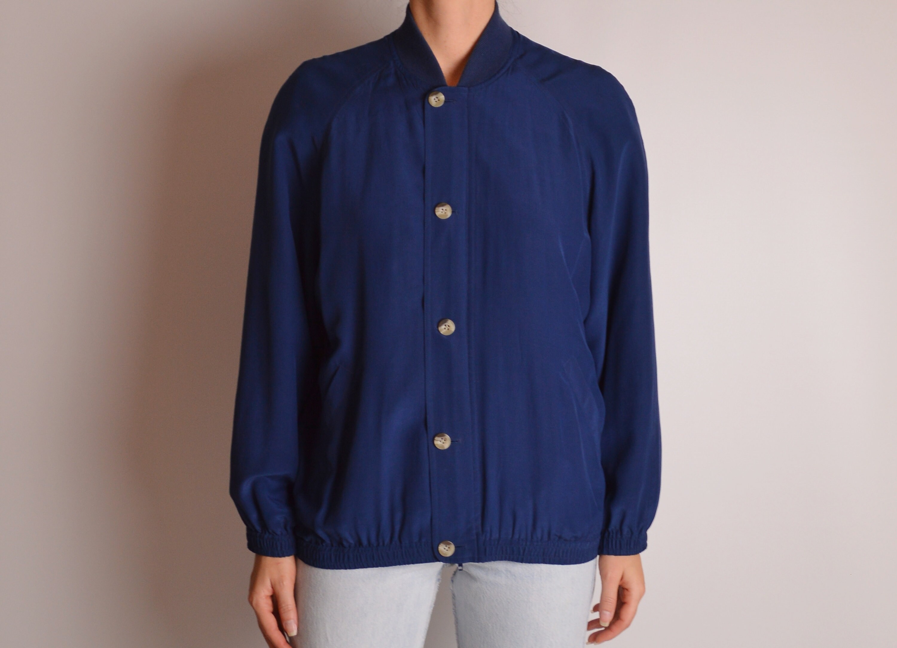 Vintage Navy Silk Windbreaker Jacket (SM)