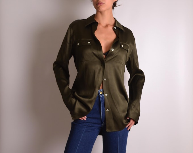 Vintage Olive Liquid Silk Blouse (S-M)