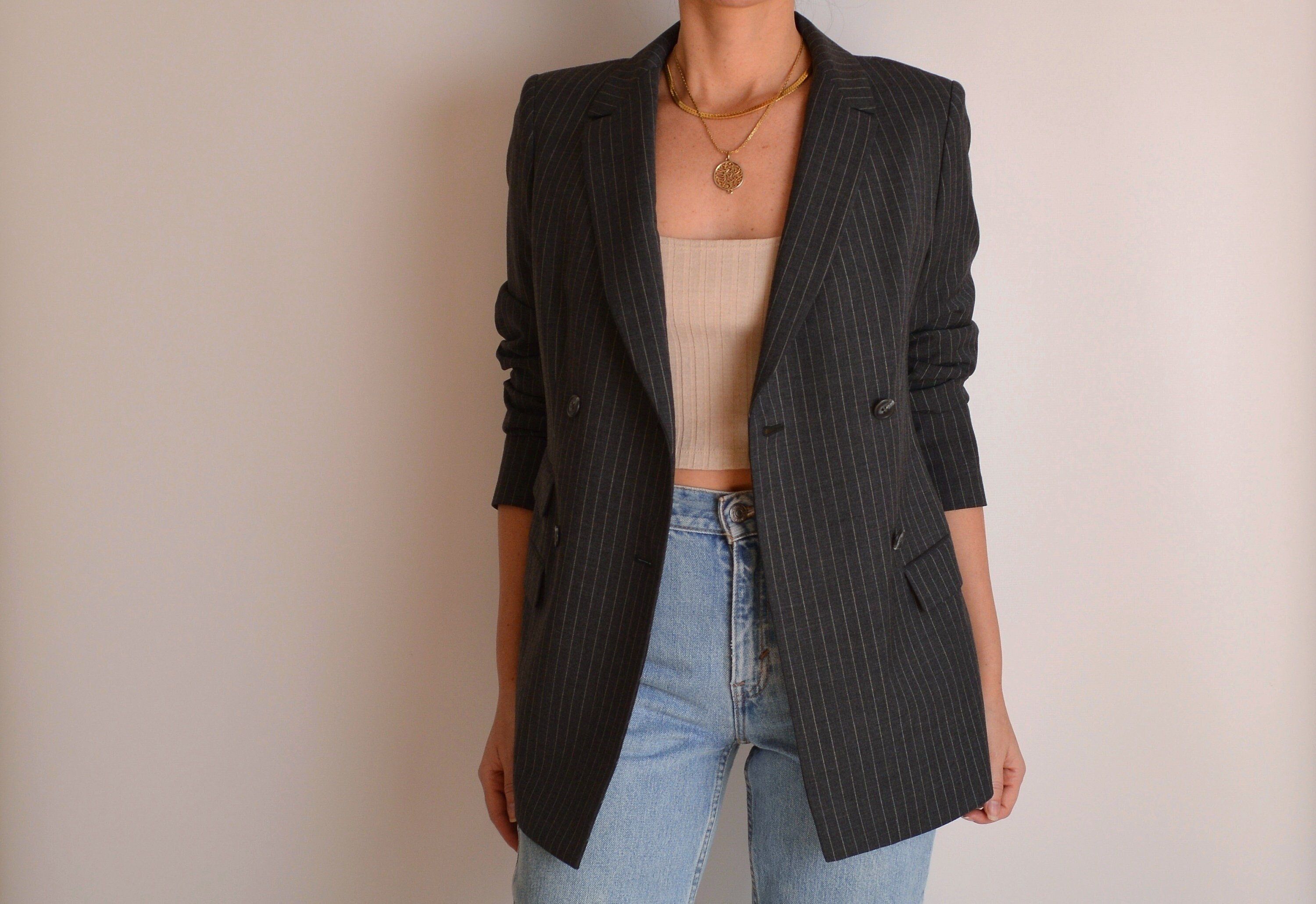 Vintage Gray Pinstriped Blazer (S)