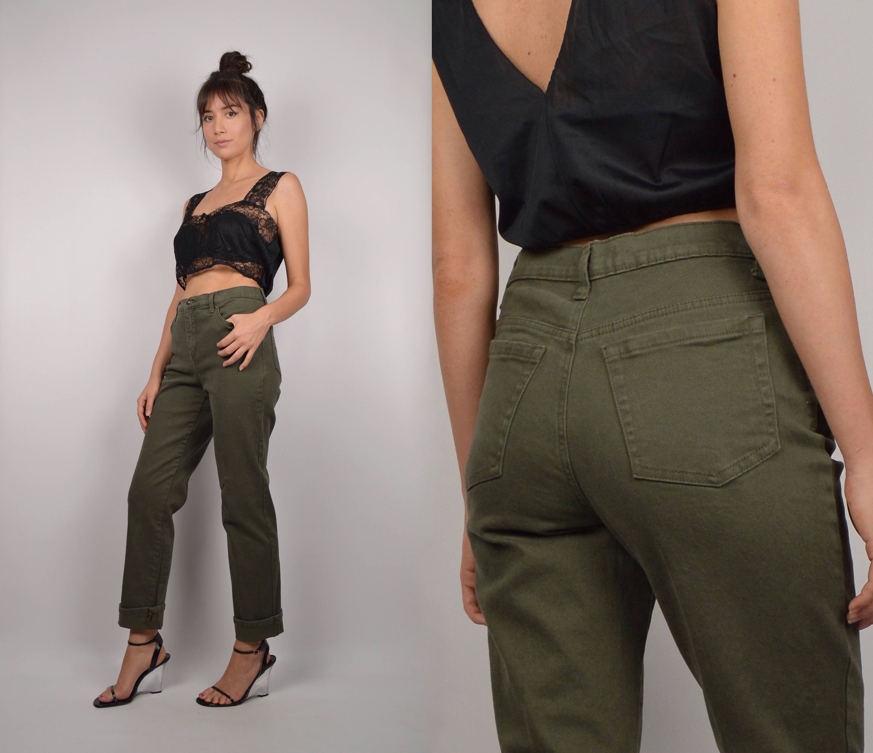 Vintage High Waist Jeans Army Green