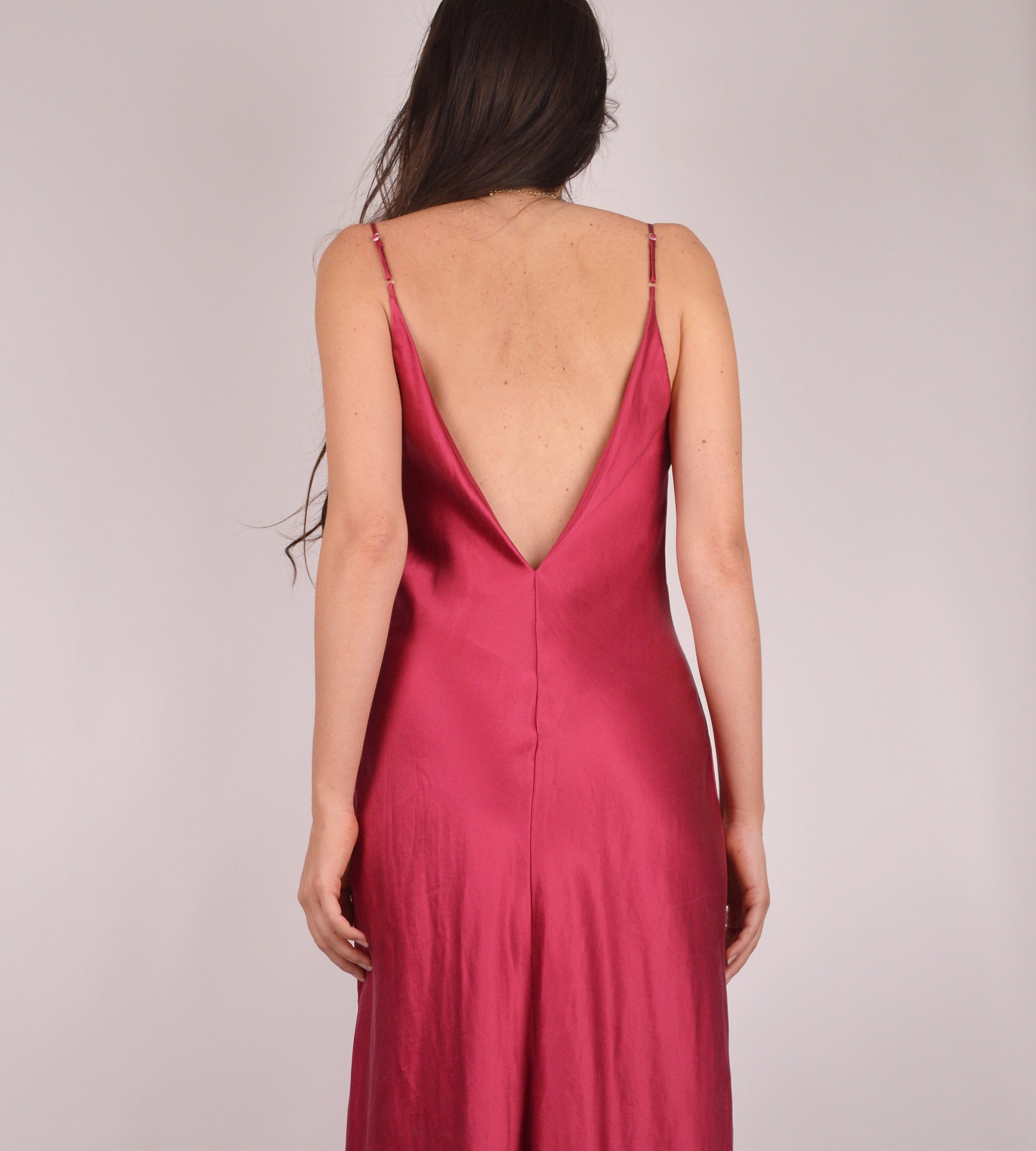 Red SILK Slip Dress Backless / S