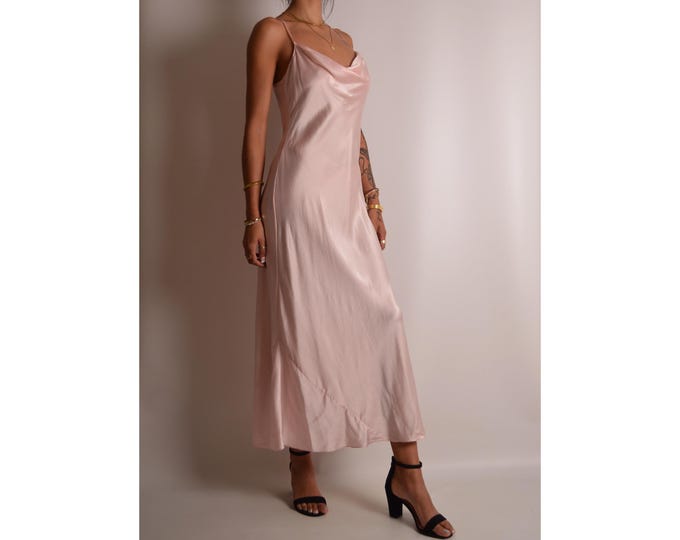 Vintage Blush Backless Silk Slip Dress (L)