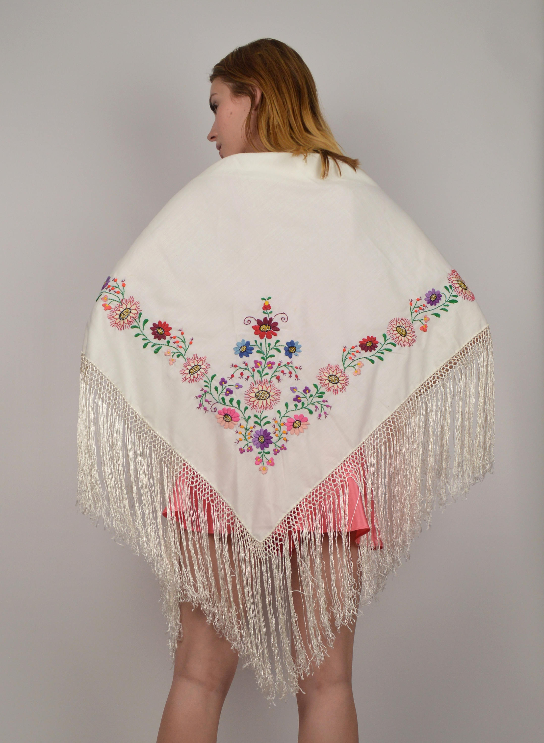 Embroidered Fringe Shawl bohemian vintage