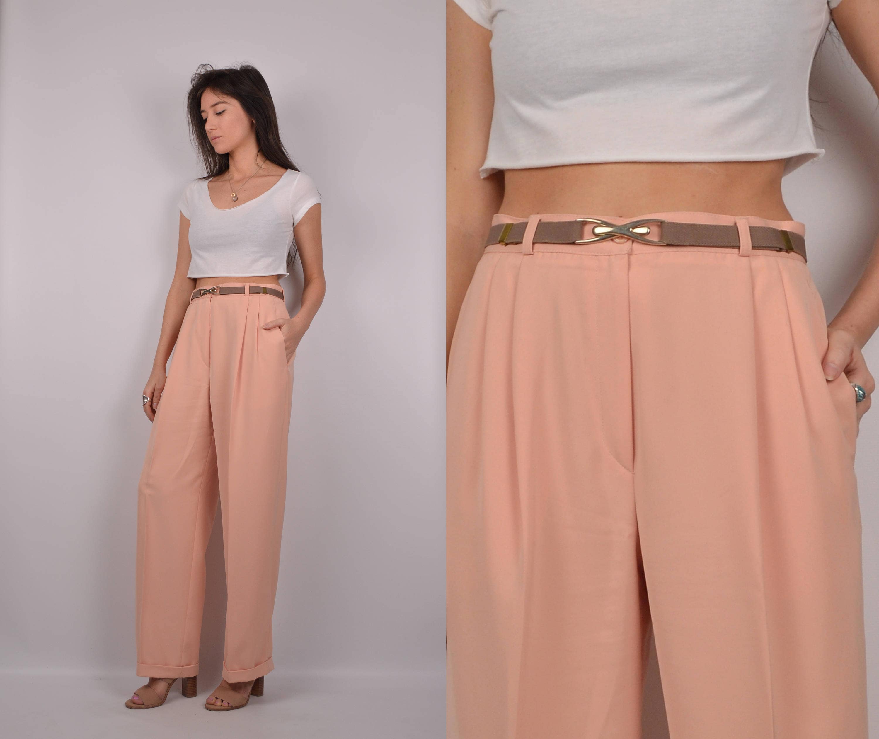 High Rise Peach Textured Bootcut Trousers