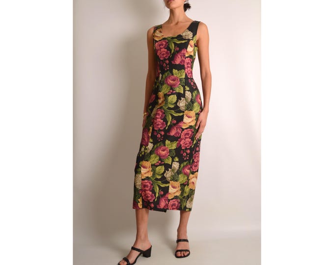 Vintage Floral Print Midi Dress (S-M)
