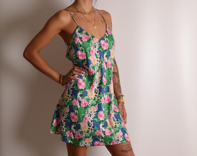 Vintage 80s Floral Silk Slip Dress (L)