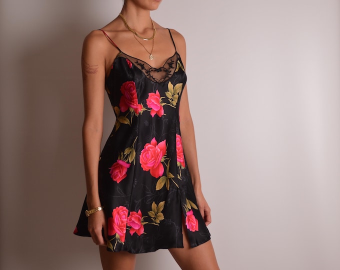 Vintage Rose Print Silk Slip Dress (S)