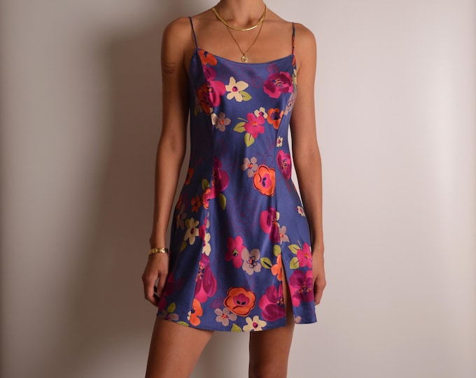 Y2K Vintage Floral Silk Slip Dress (M)