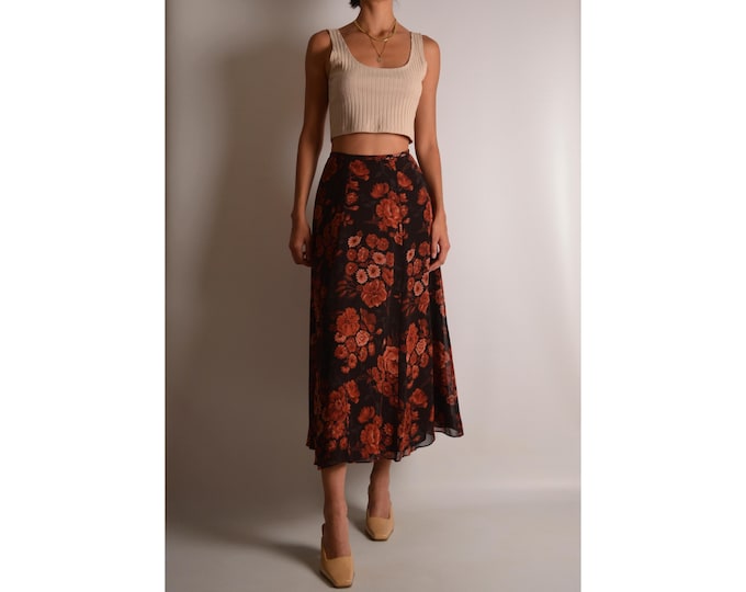 Vintage Floral Silk Skirt (25"W)