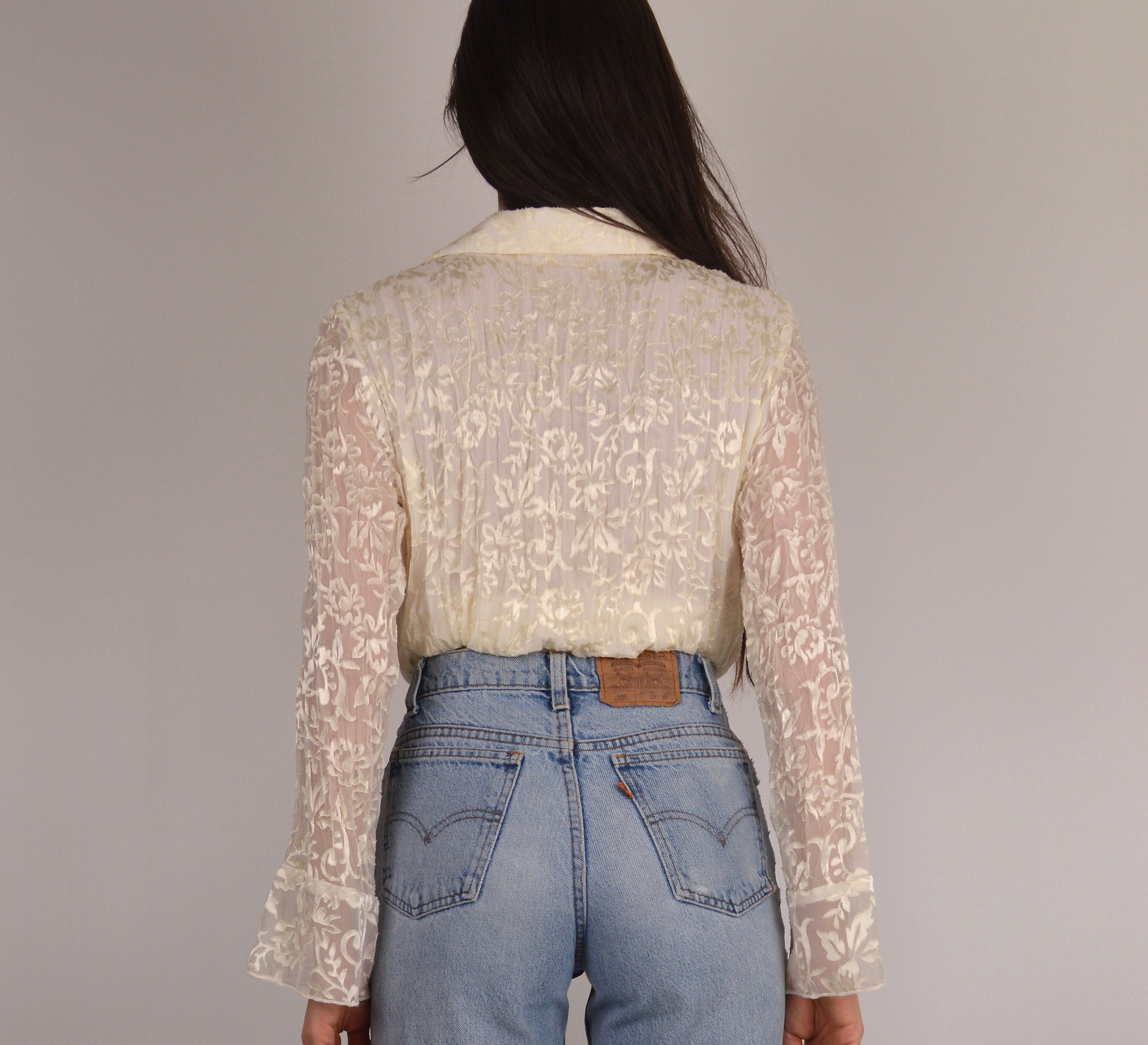Cream Ruffle Front Floral Blouse