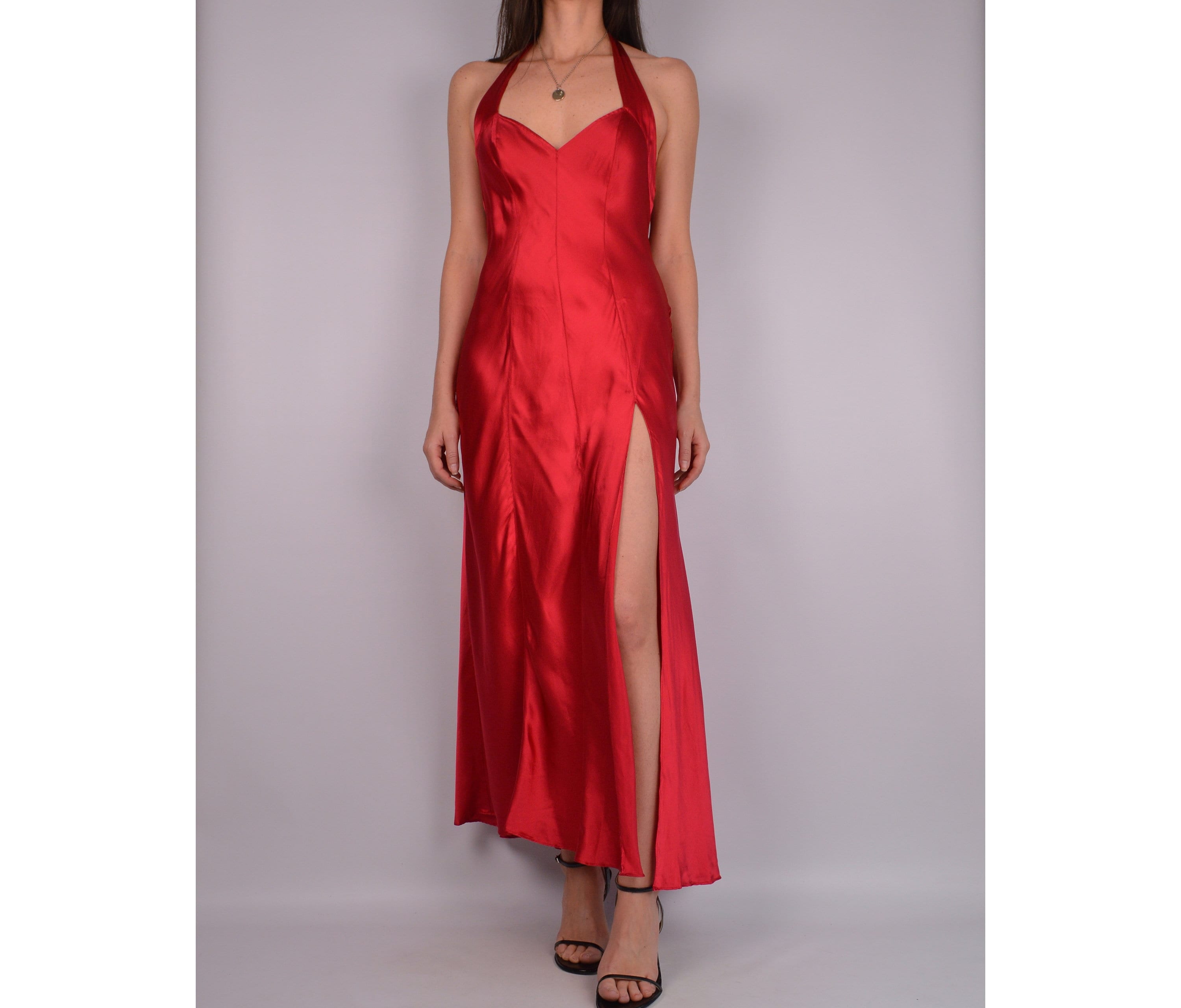 red silk backless dress