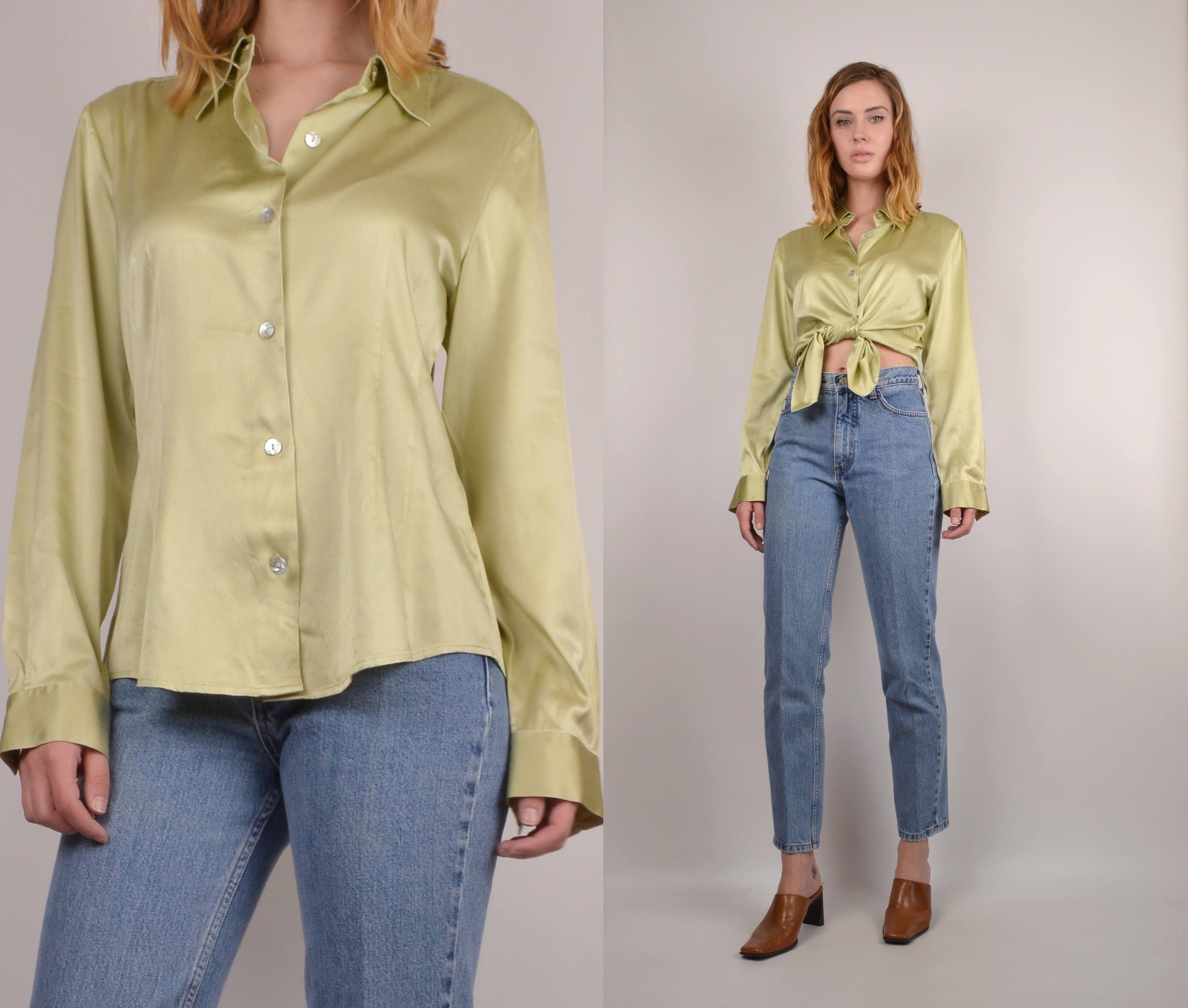 20% OFF! Vintage Green Silk Button Up Shirt