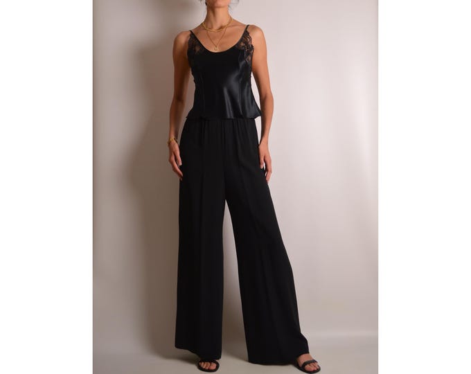 Vintage Black Silk Wide Leg Pants (S-M)