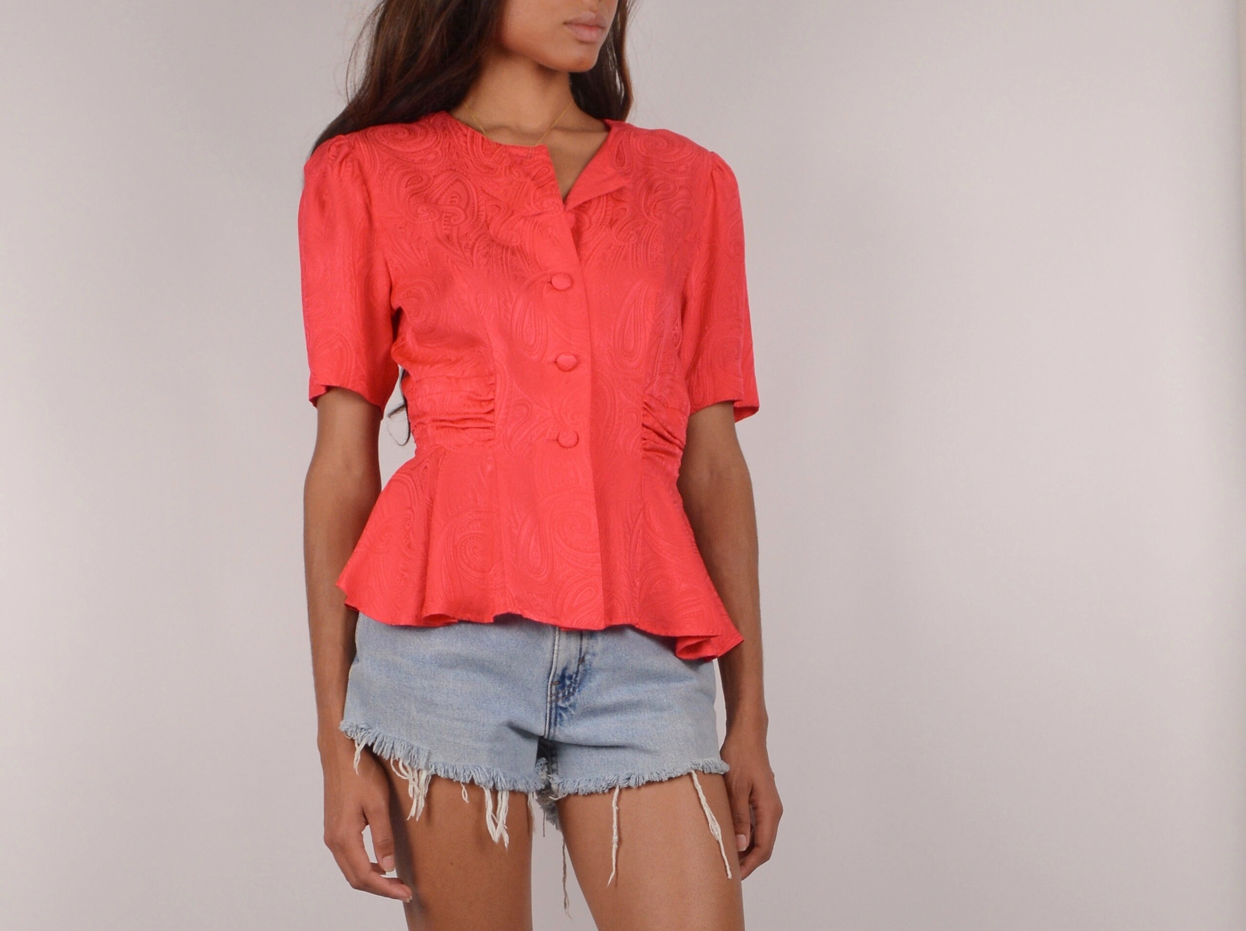Jersey Frill Peplum Blouse Red Patterned