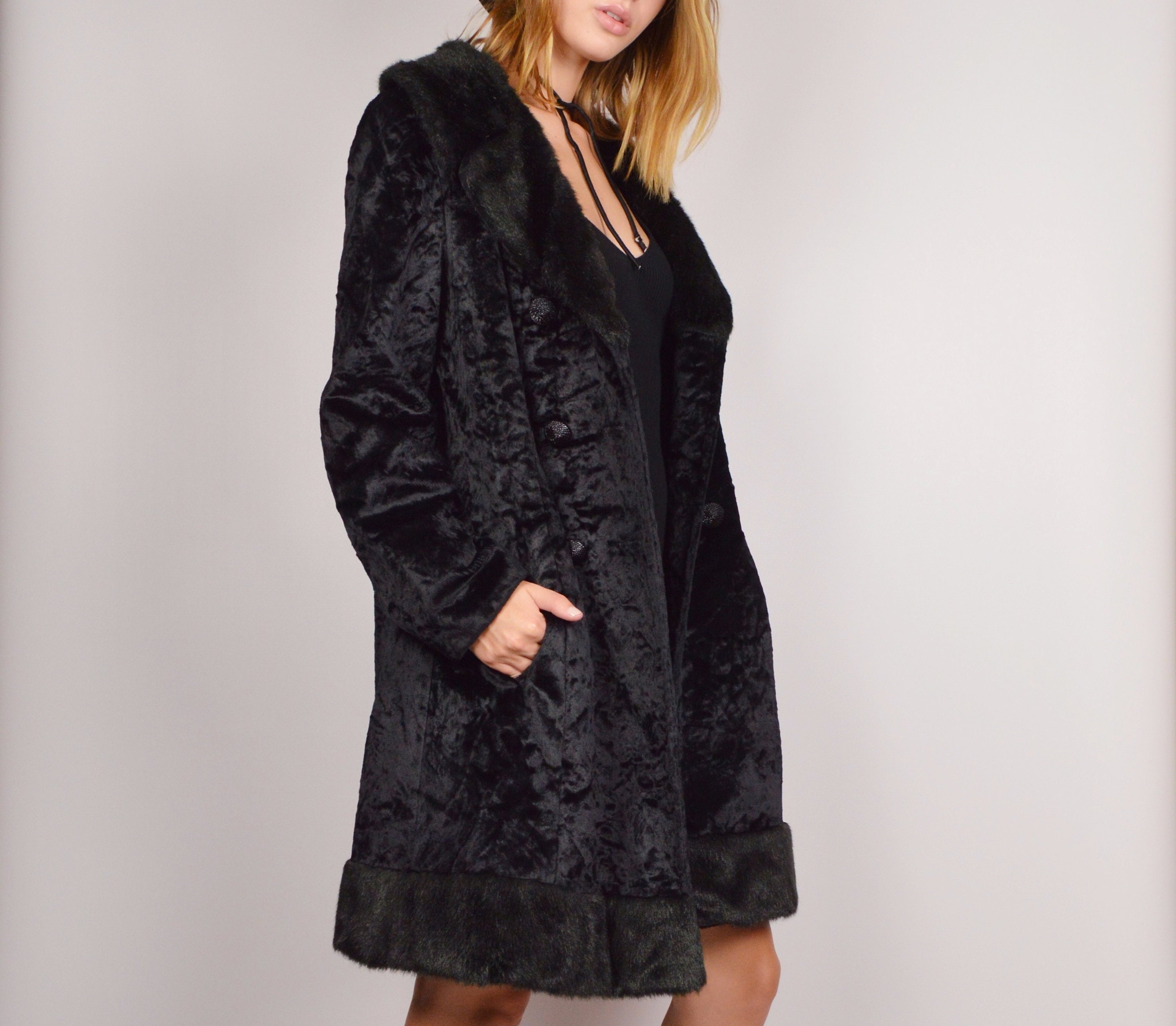 50's Velvet Faux Fur Winter Coat Black Vintage