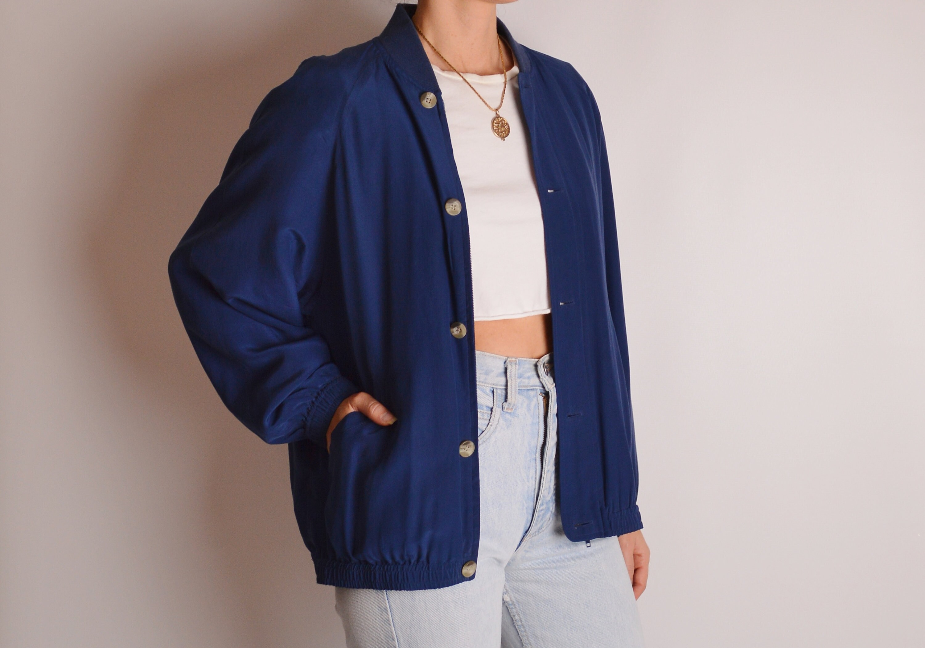 Vintage Navy Silk Windbreaker Jacket (SM)