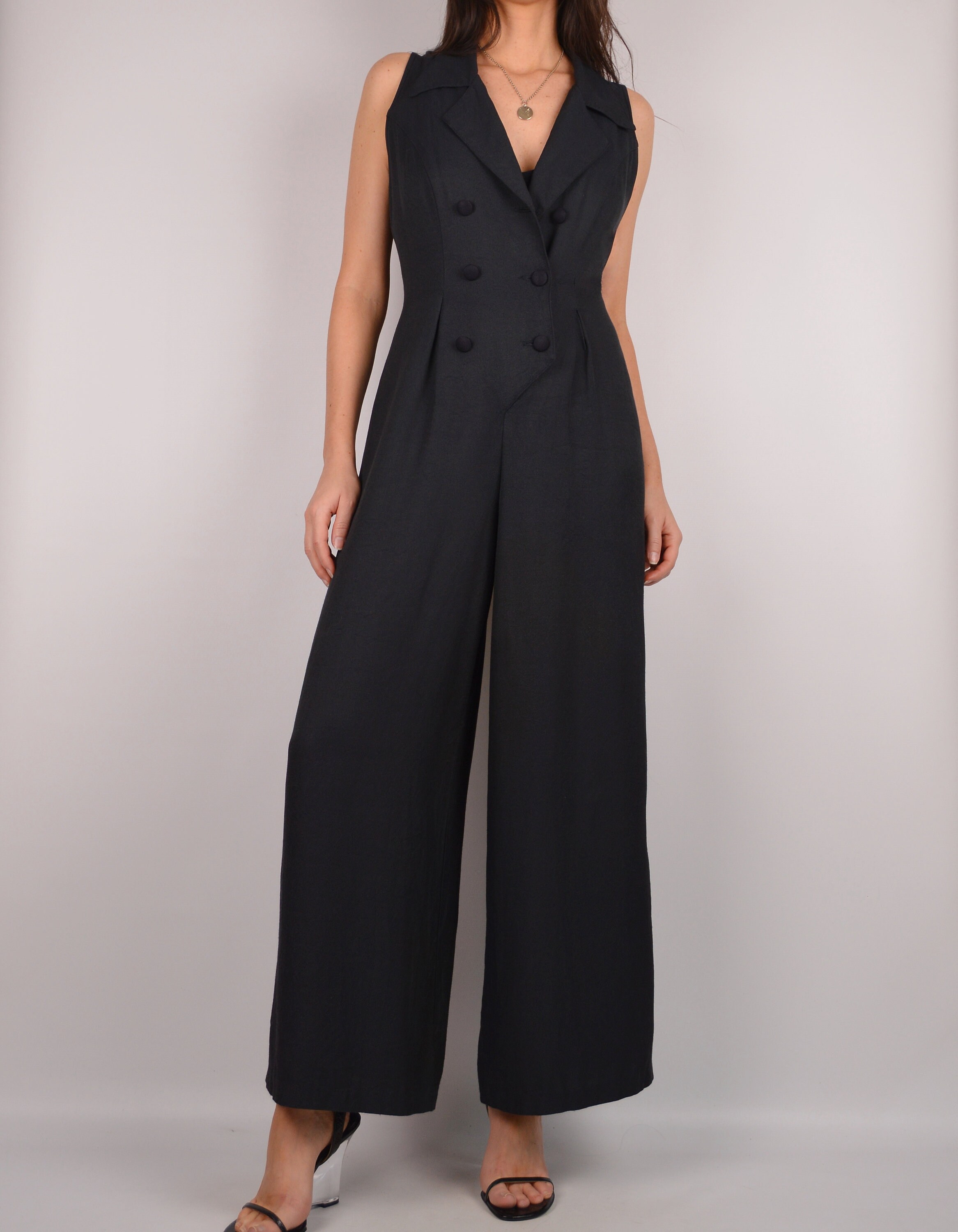 Women's Retro Button-Front High-Waist Wide-Leg Jumpsuit