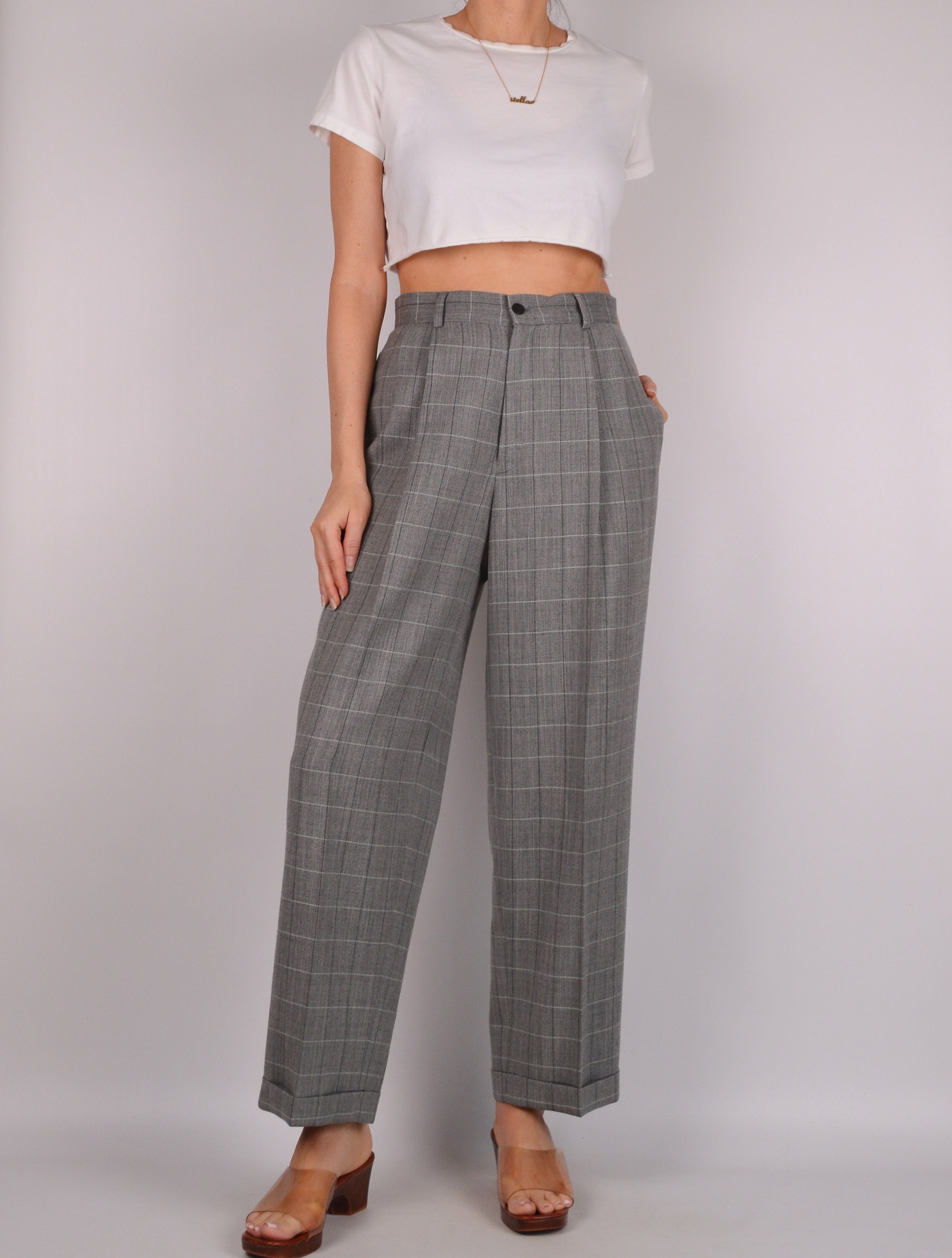 Flash Sale! Vintage Gray Plaid Wool Trousers (28W)