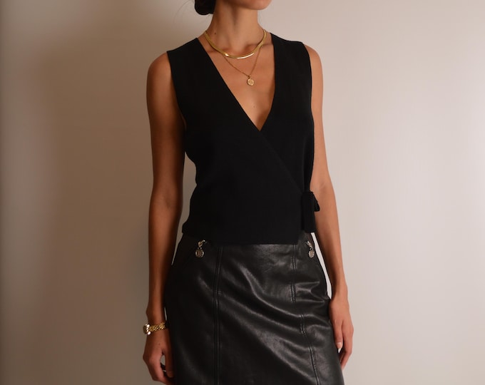 Vintage Black Knit Wrap Blouse (S)