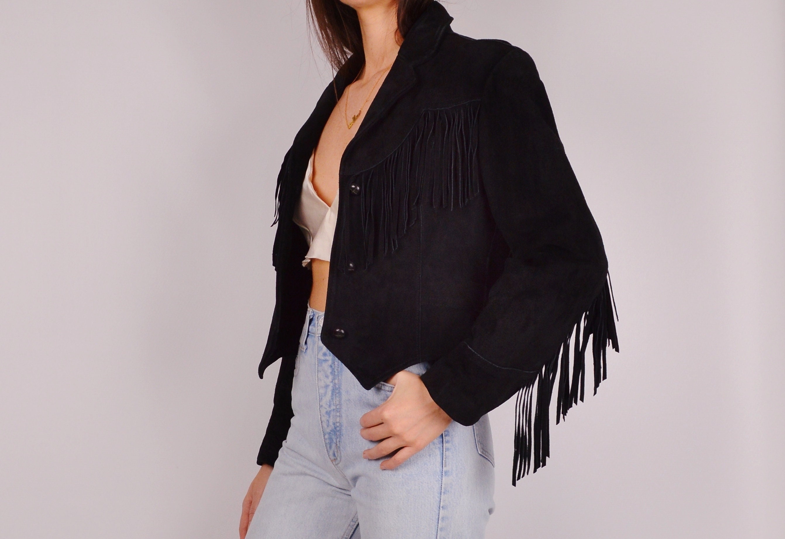 Vintage black suede fringe jacket top