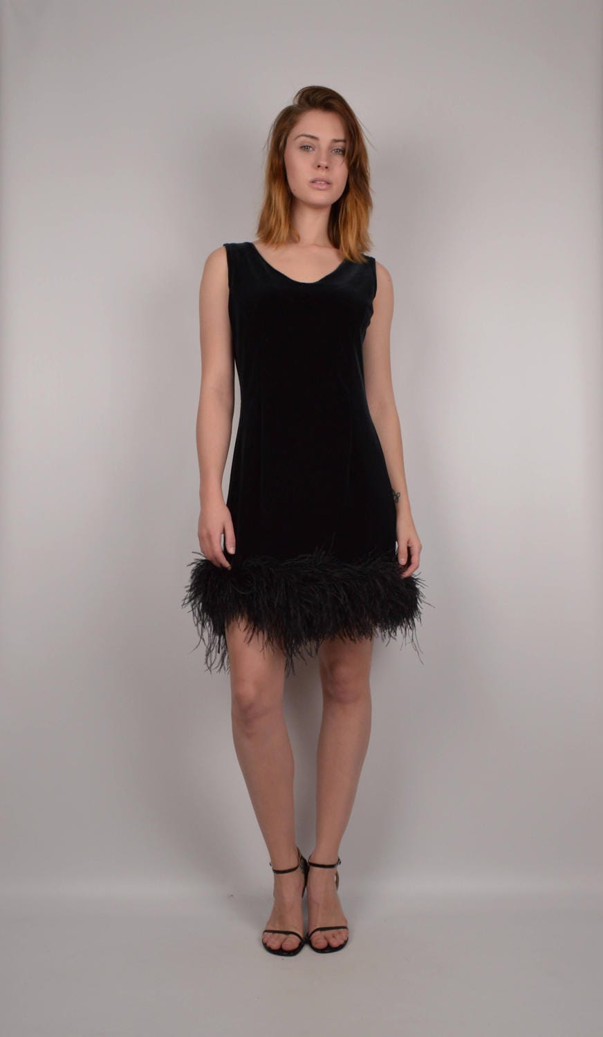90's Black Velvet Cocktail Dress w/ Feather Hem