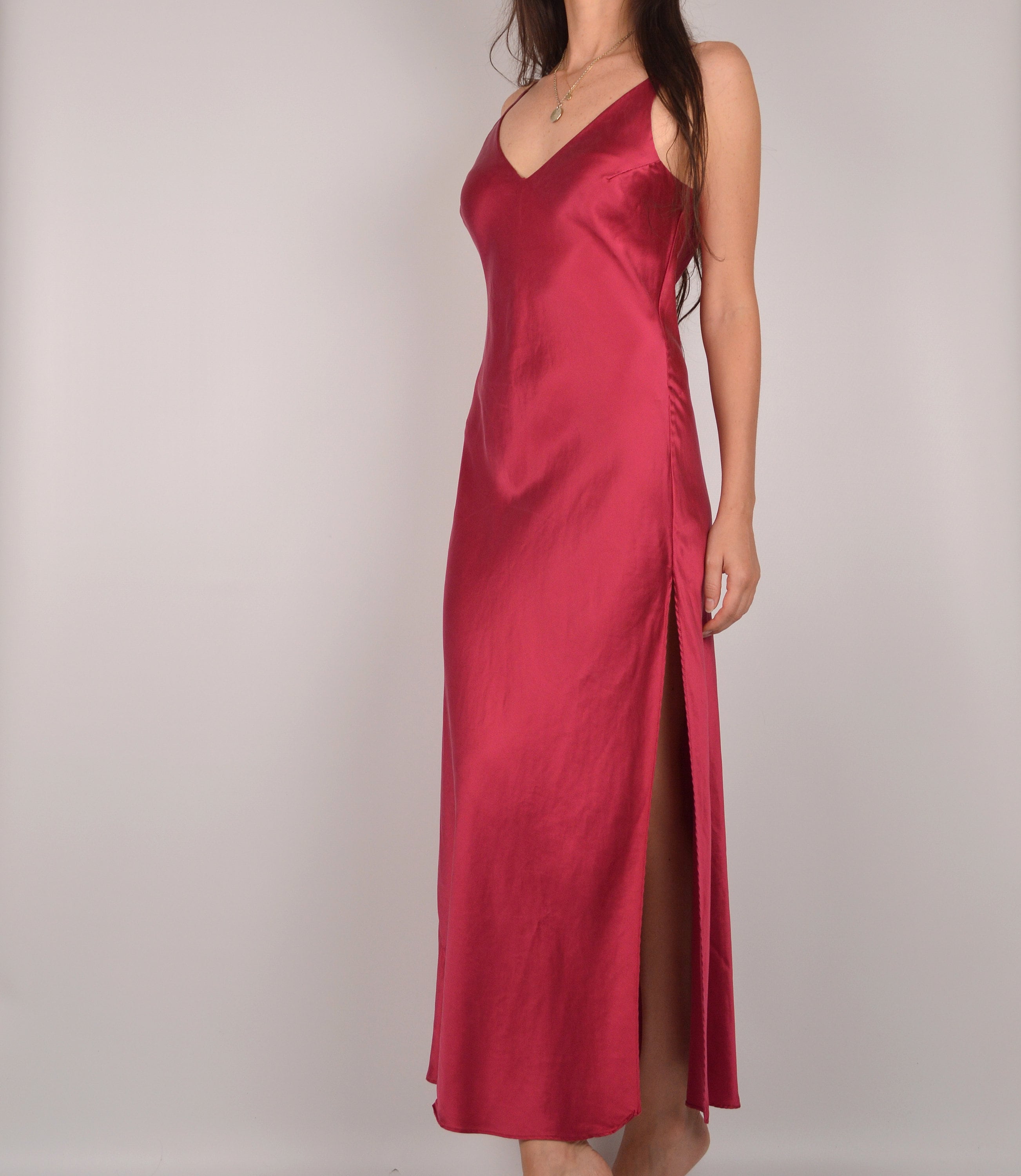 Red SILK Slip Dress Backless / S