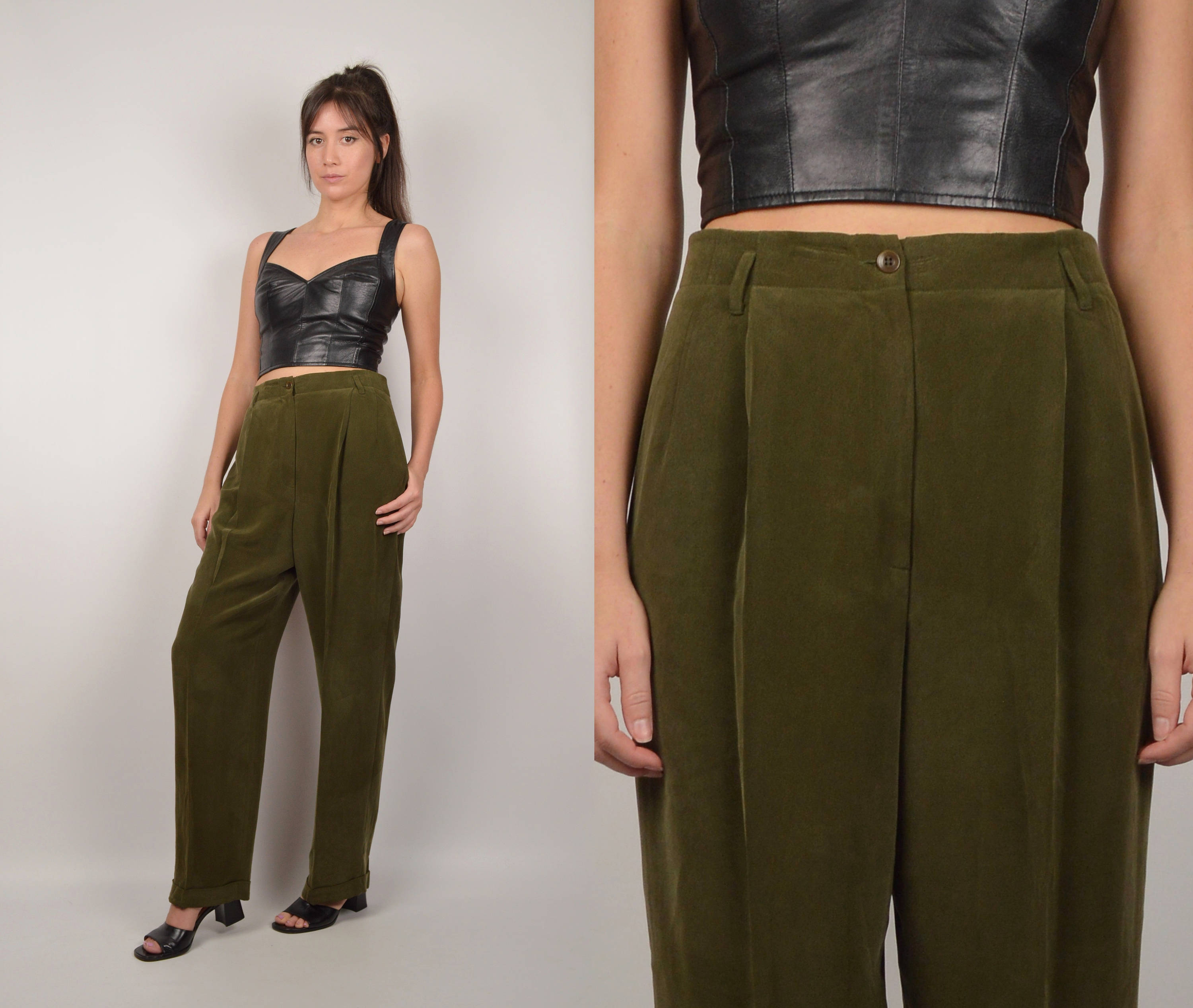 Green Silk Trousers high waist vintage minimalist pants