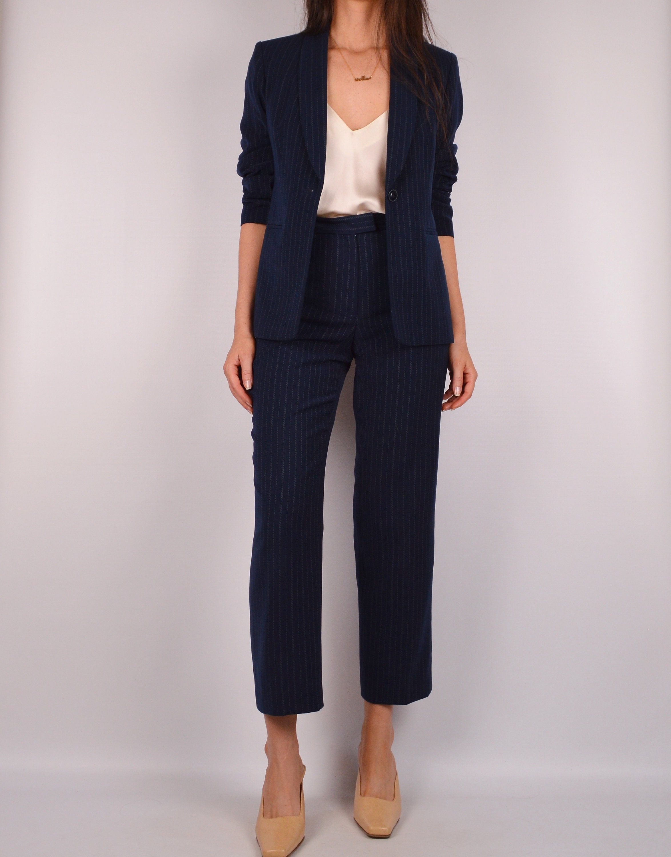 Vintage Navy Pinstripe Pantsuit (XSS)