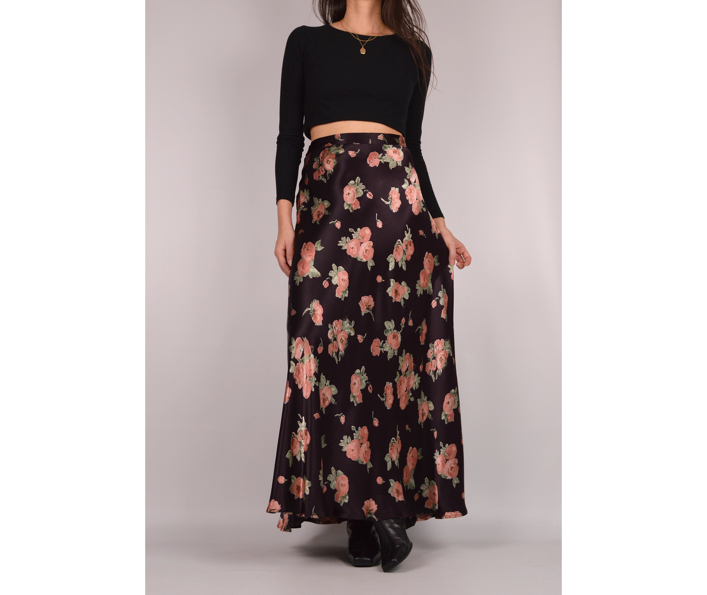 S Satin High Waist Floral Maxi Skirt M L