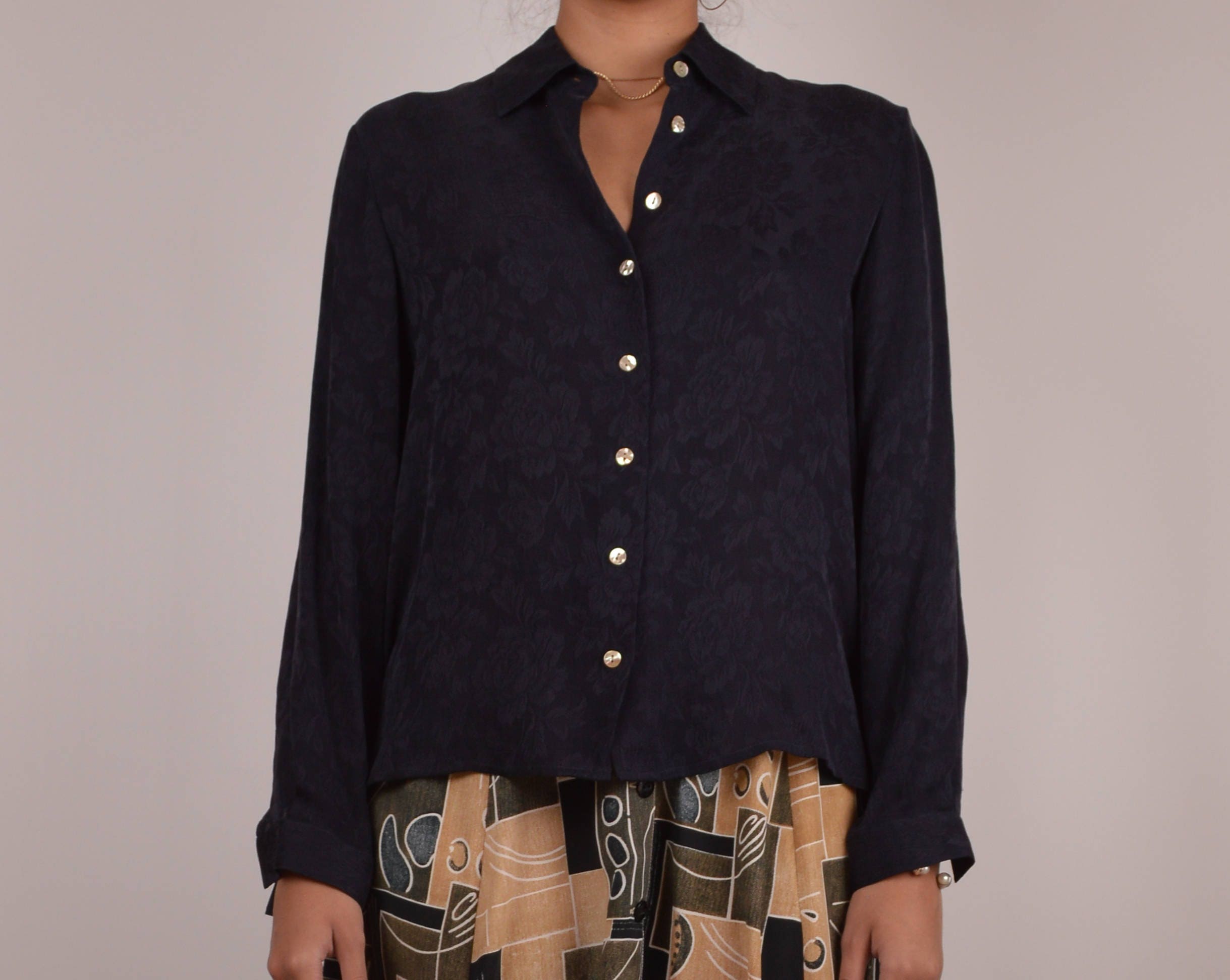 Vintage Navy Silk Button Up Shirt