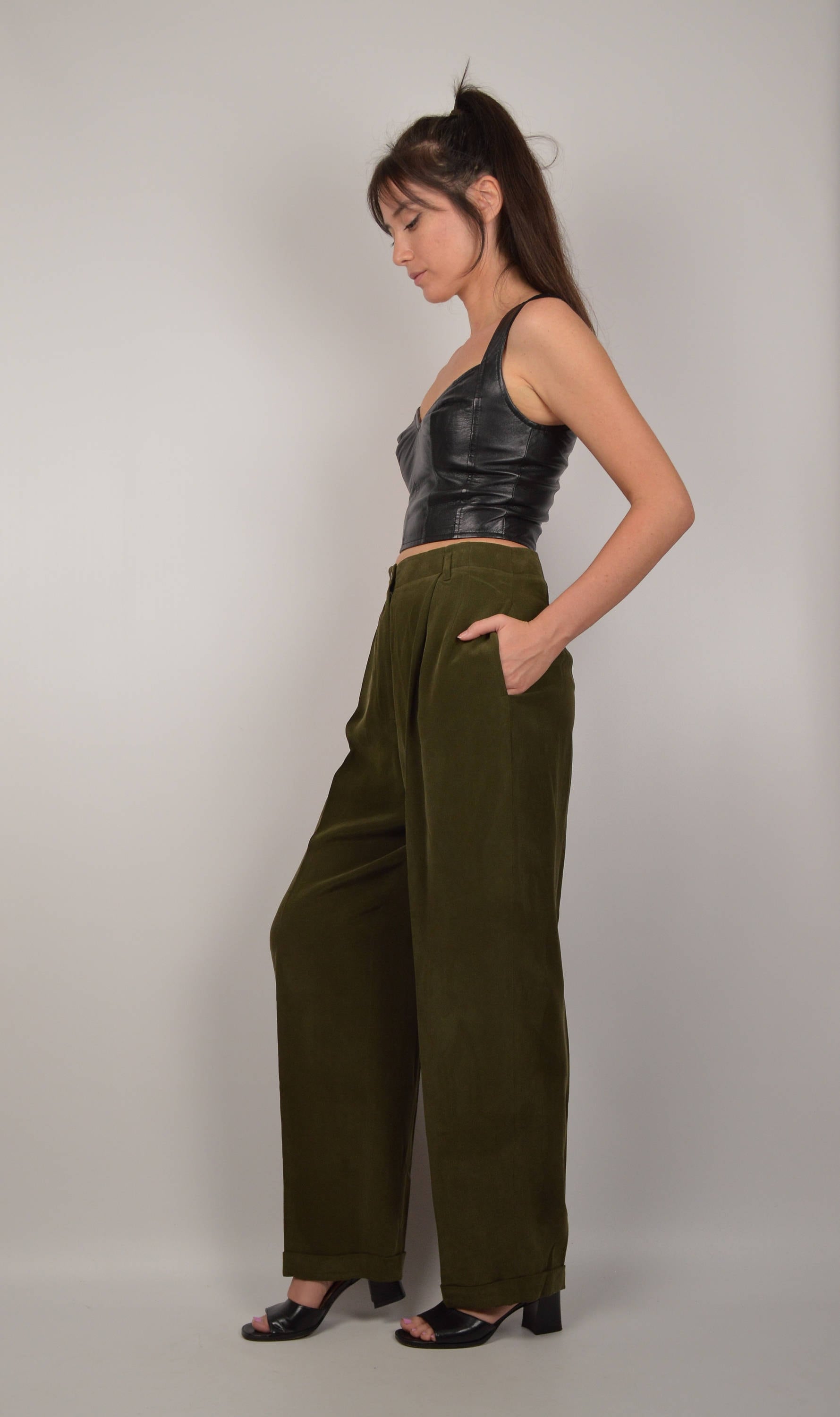 Green Silk Trousers high waist vintage minimalist pants