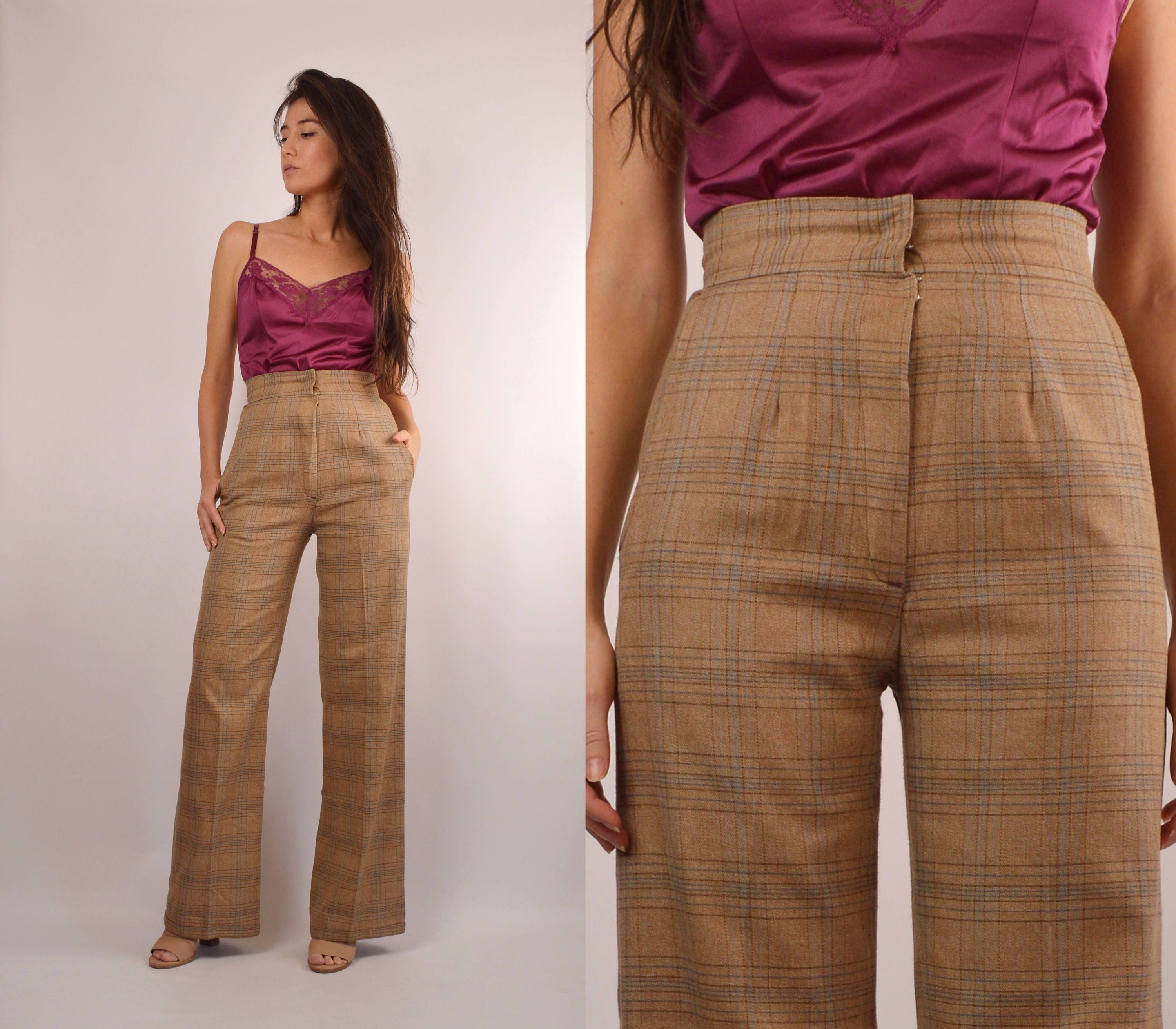 70's Mocha Plaid Wide Leg Flare Trousers