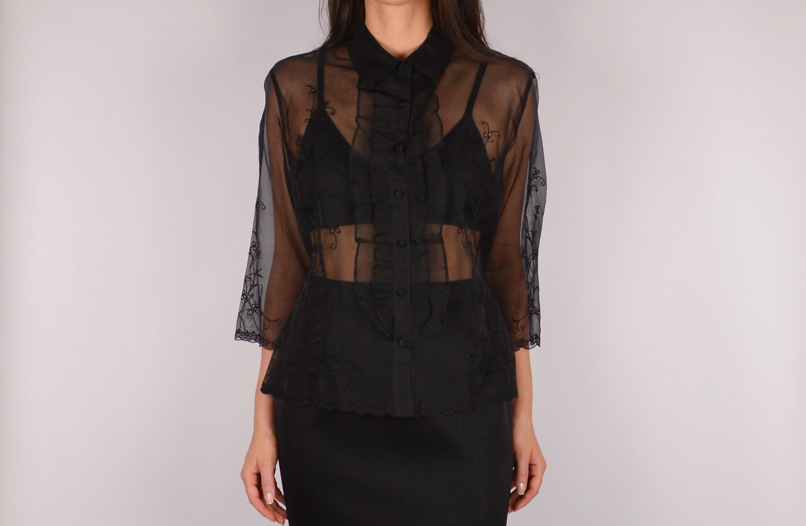 Vintage Sheer Black Organza Blouse (S-L)