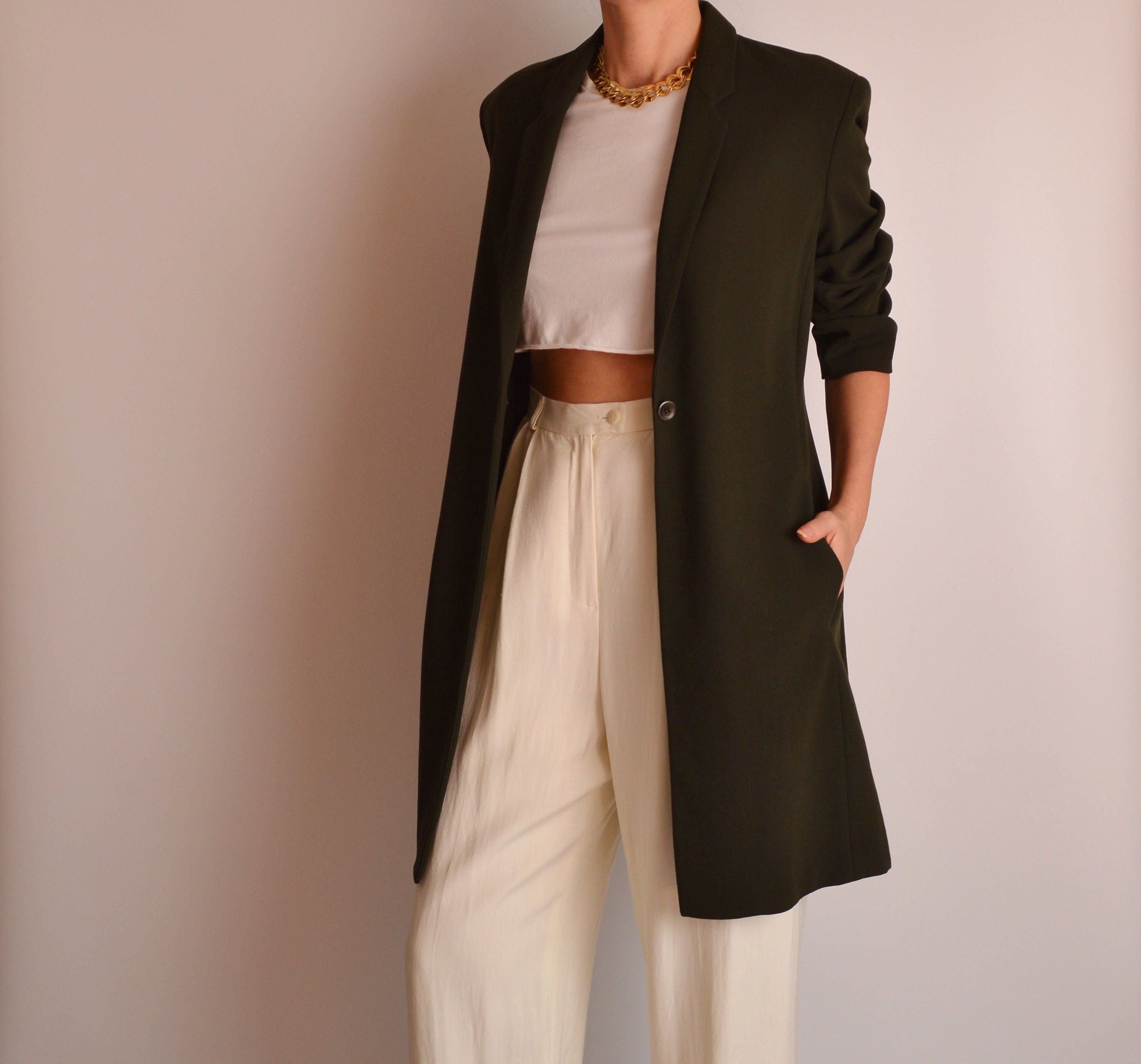Vintage Olive Wool Long Blazer Jacket (SL)