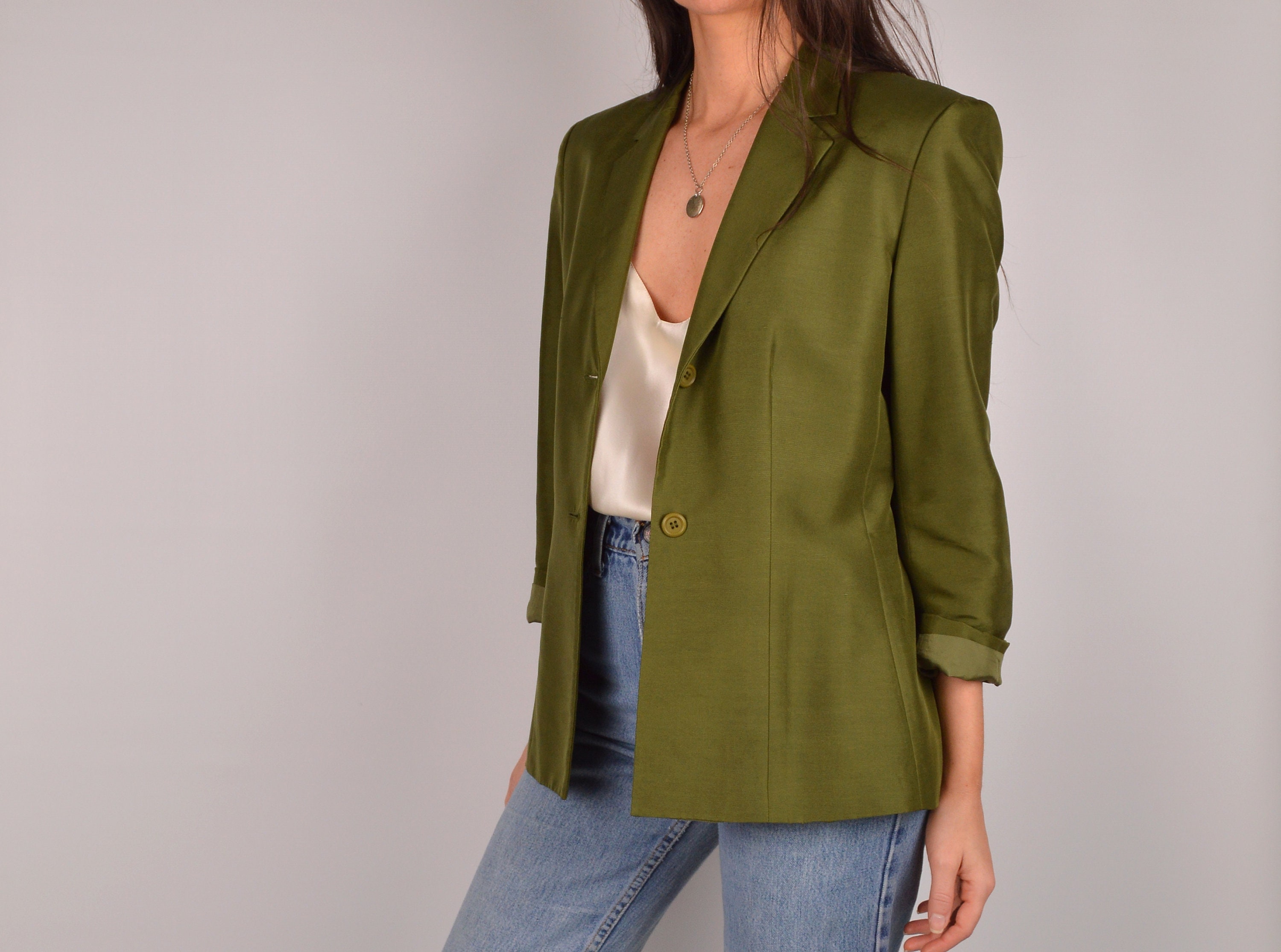 Vintage Olive SILK Blazer (S-M)