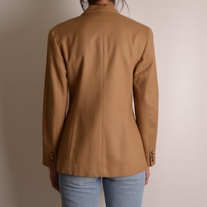 K&ouml;nnte beinhalten: Ein beigefarbener Blazer mit Kragen, langen &Auml;rmeln und drei kleinen goldfarbenen Kn&ouml;pfen an jedem &Auml;rmelabschluss. Das Kleidungsst&uuml;ck ist von hinten zu sehen und zeigt eine taillierte Passform mit vertikalen N&auml;hten sowie eine hellblaue Jeans.