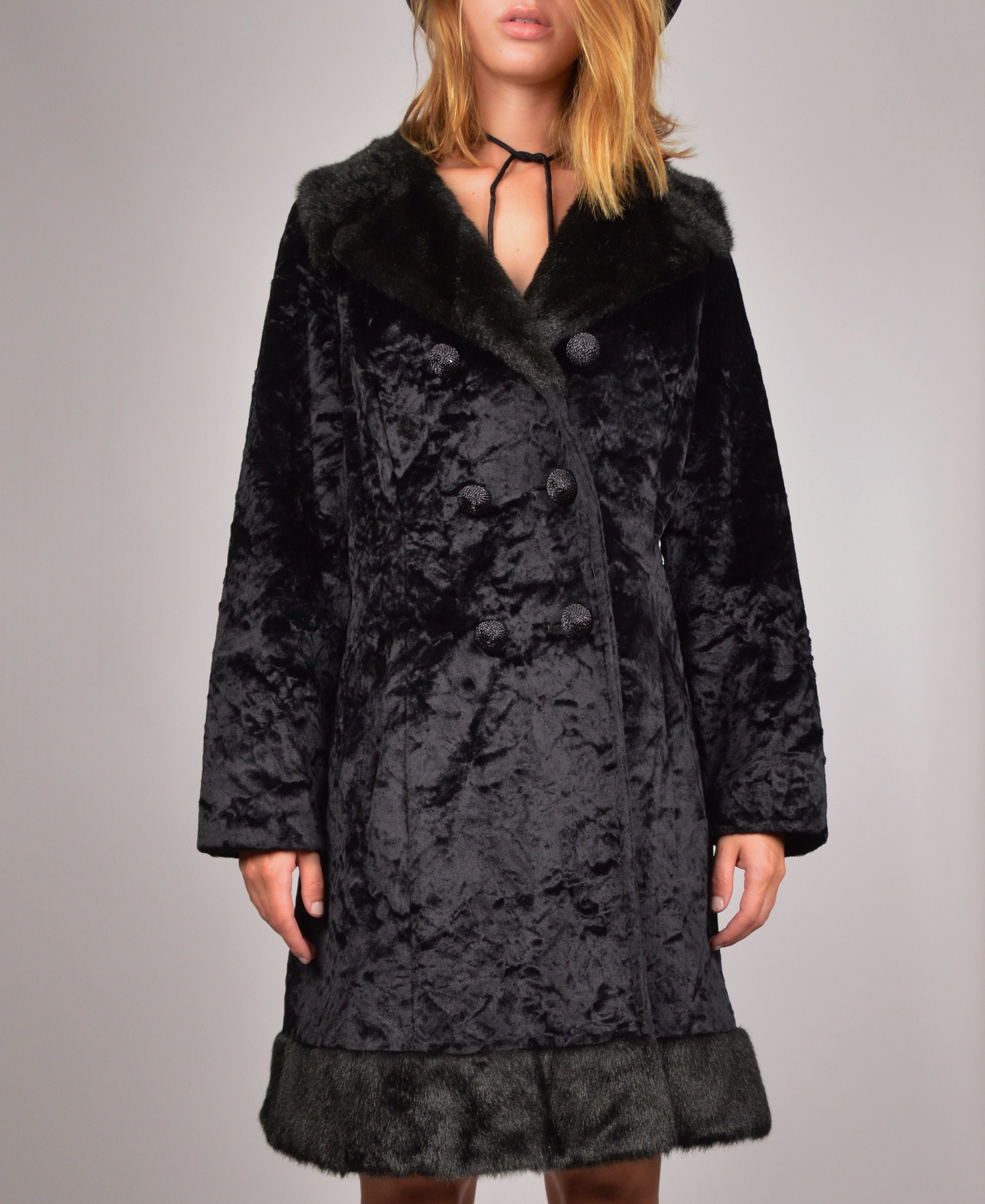50's Velvet Faux Fur Winter Coat Black Vintage