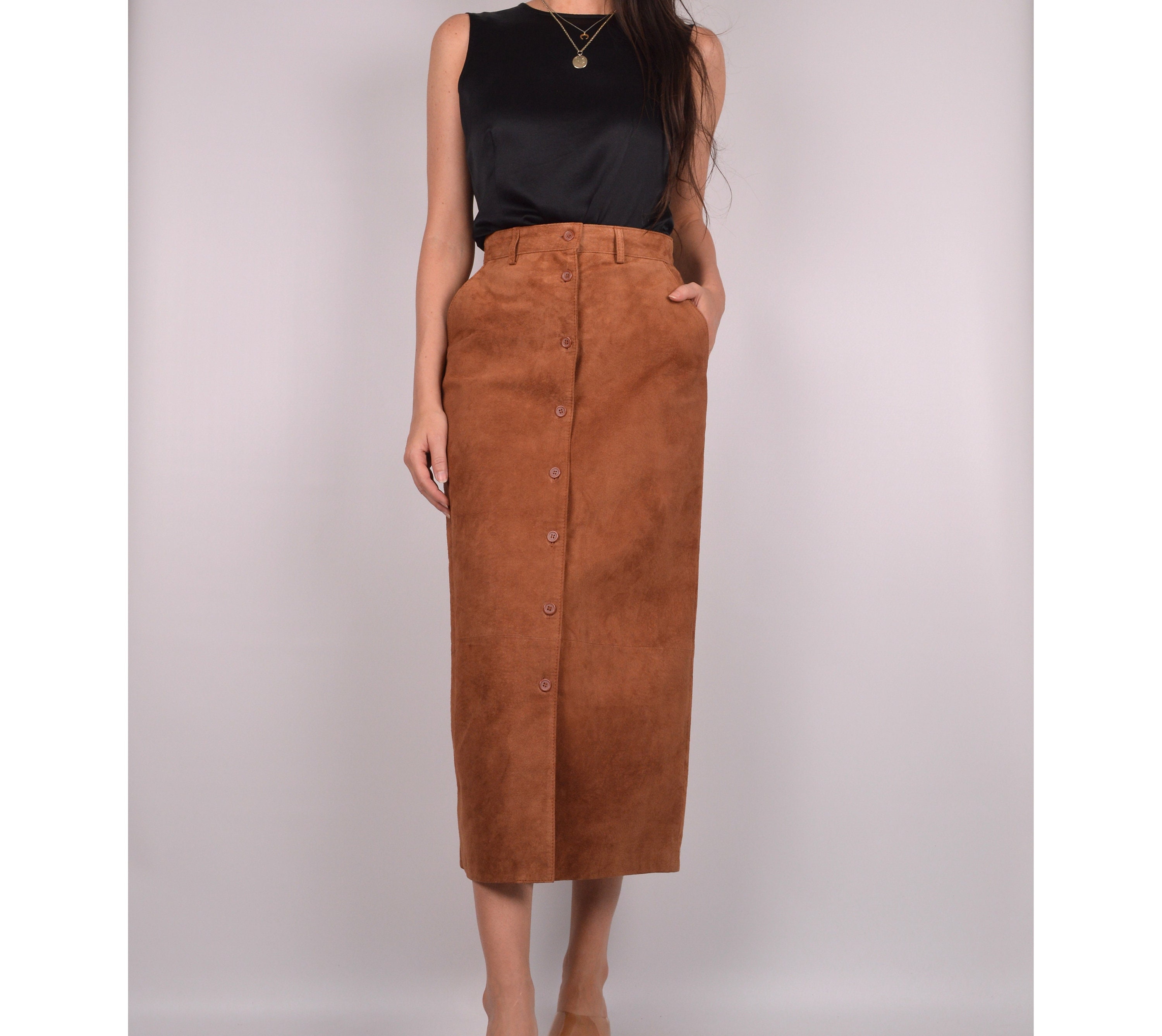 SALE Vintage Brown Suede High Waist Midi Skirt / 26W