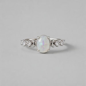 Oval Opalescent Moon Ring, Two Tone Silver Gold Celestial Stackable Simulated Opal Jewelry