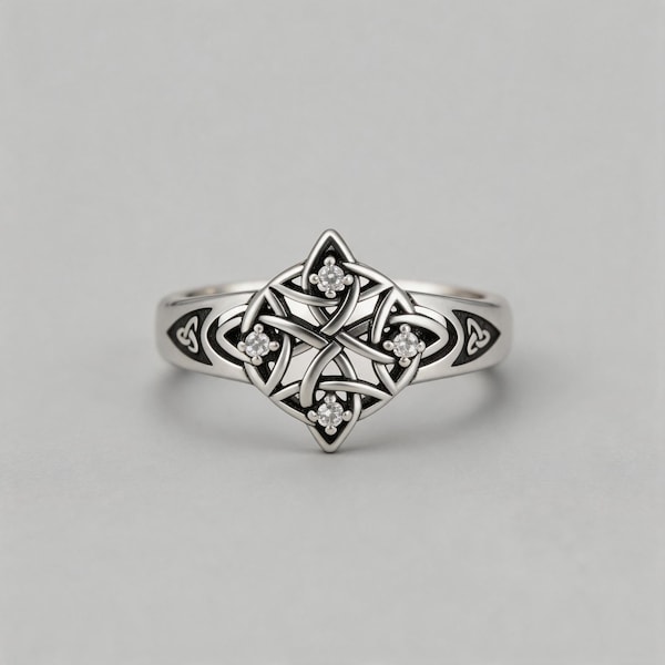 Sterling Silver Four Point Celtic Knot Ring, Oxidized Witch Trinity Knot Jewelry