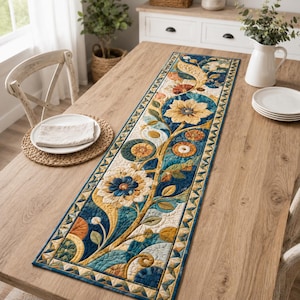 May include: A rectangular quilted table runner featuring a floral pattern with large cream, yellow, and blue blossoms, swirling vines, and leaves. The runner has a geometric triangular border in shades of blue, yellow, and cream, with visible stitching.
