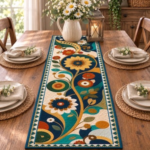 Art Nouveau Floral Quilted Table Runner, Blue Gold Botanical Farmhouse Décor