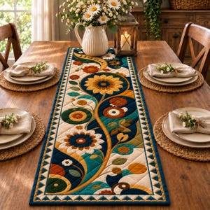 May include: A rectangular quilted table runner featuring a vibrant floral pattern with large sunflowers, orange blossoms, and teal leaves on a cream background, bordered by a dark blue and gold geometric trim, centered on a wooden dining table.