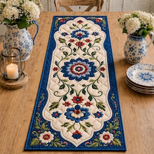 May include: A rectangular quilted table runner featuring a cream-colored center with a repeating floral pattern in shades of blue, red, and green. The runner is bordered by a solid blue fabric with a decorative scalloped edge and intricate stitching.