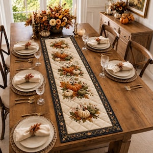 May include: A quilted table runner featuring a repeating pattern of pumpkins, autumn leaves, and berries on a cream background with a dark floral border, set on a wooden dining table with white napkins, gold cutlery, and woven placemats.
