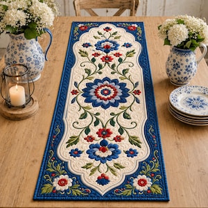 May include: A rectangular quilted table runner featuring a cream-colored center with intricate blue, red, and green floral embroidery. The runner has a wide, solid blue border with a decorative stitched pattern and scalloped edges along the design.