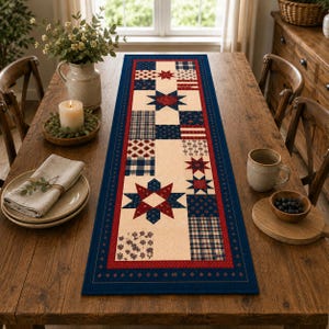 Patchwork Star Quilted Table Runner, Americana Farmhouse Patriotic Decor