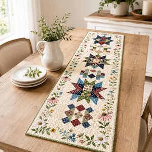 Floral Star Quilted Table Runner, Patchwork Botanical Farmhouse Table Decor