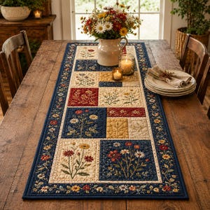 May include: A rectangular quilted table runner featuring a patchwork design of floral blocks in navy blue, cream, mustard yellow, and deep red. The runner is bordered by a navy blue trim with a repeating pattern of small colorful flowers and leaves.