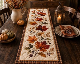 Quilted Maple Leaf Table Runner, Autumn Harvest Farmhouse Décor